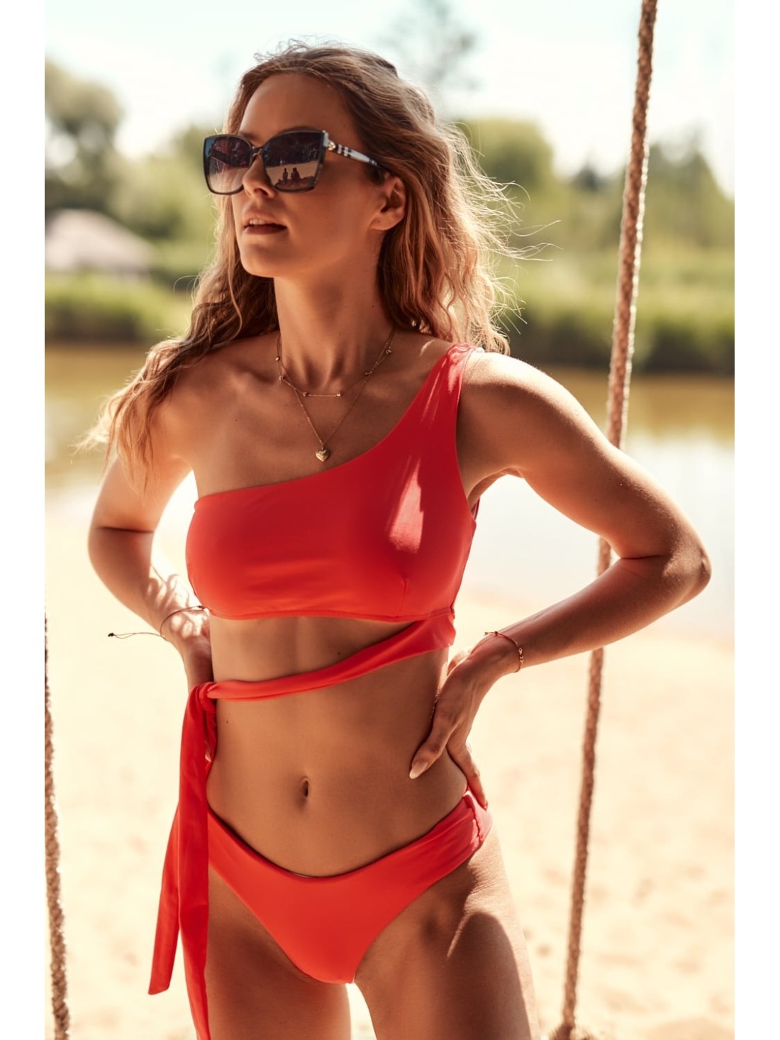 Two-piece asymmetrical coral swimsuit K17 - Online store - Boutique